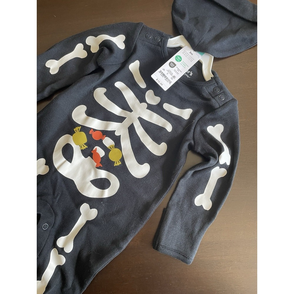 Carter's Baby Unisex Size 3 M Footed Skeleton Pajama Set Black Costume Hat NWt